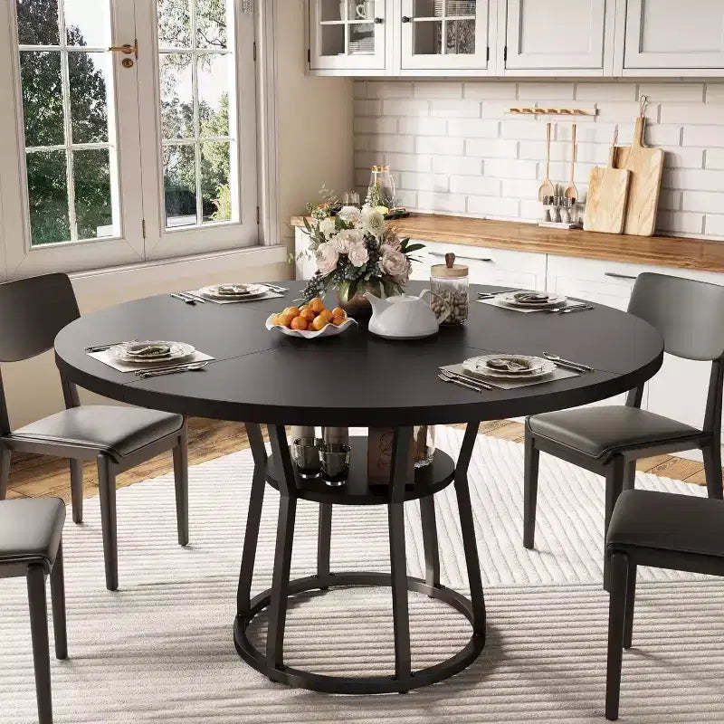 Round Dining Table for 4-6, 42 Farmhouse Kitchen Table with Storage, Circle Dinner Tables for Kitchen, Dining Room, Living Room, Apartment