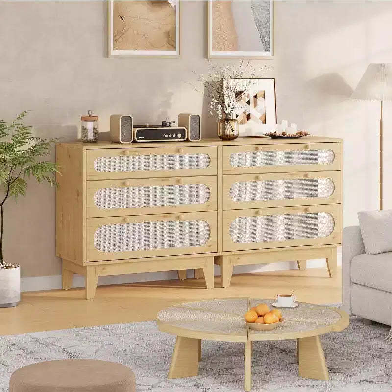 3 Drawer Rattan Dresser for Bedroom, Set of 2 Modern Wooden Dresser Chest with Handles for Bedroom,Anti-Tip Design,Hallway and Living Room