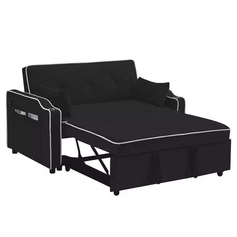 Velvet Sleeper Sofa Couch with Pullout Bed, Sofa Beds with Side Pocket, Cupholder, Adjustable Backrest and Pillows, Loveseat Sofa Sleeper Black