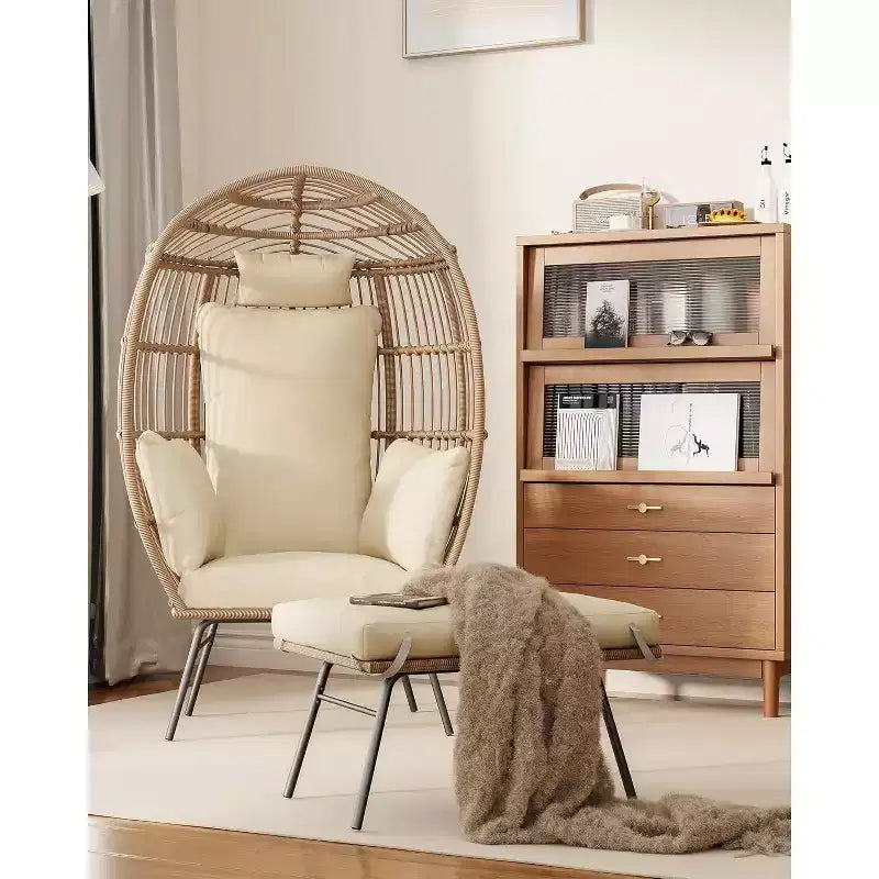 Oversized Wicker Egg Chair with Ottoman & 5 Cushions, Rattan Lounge Seat for Indoor, Outdoor Patio and Porch