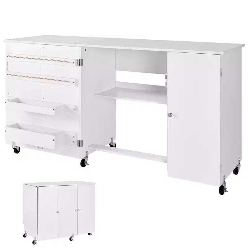 VEVOR Folding Sewing Table, Multipurpose Sewing Machine Table with Cabinet, Compact Design, Wheels, Wooden Pegs, Storage Trays and Shelf, White
