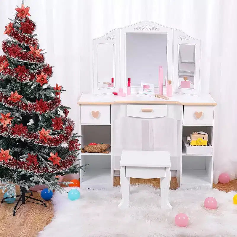 Kids Vanity with Tri-Fold Mirror, Little Girls Vanity Table & Stool With Drawer & Open Shelves for 3-9 Years Girls White