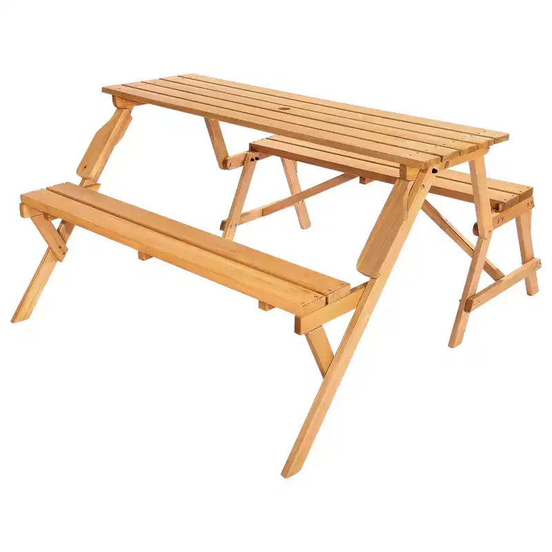VEVOR 2-in-1 Transforming Interchangeable Picnic Table, Outdoor Wooden Table and Bench Set, Portable Foldable Bench with Umbrella Hole, Brown