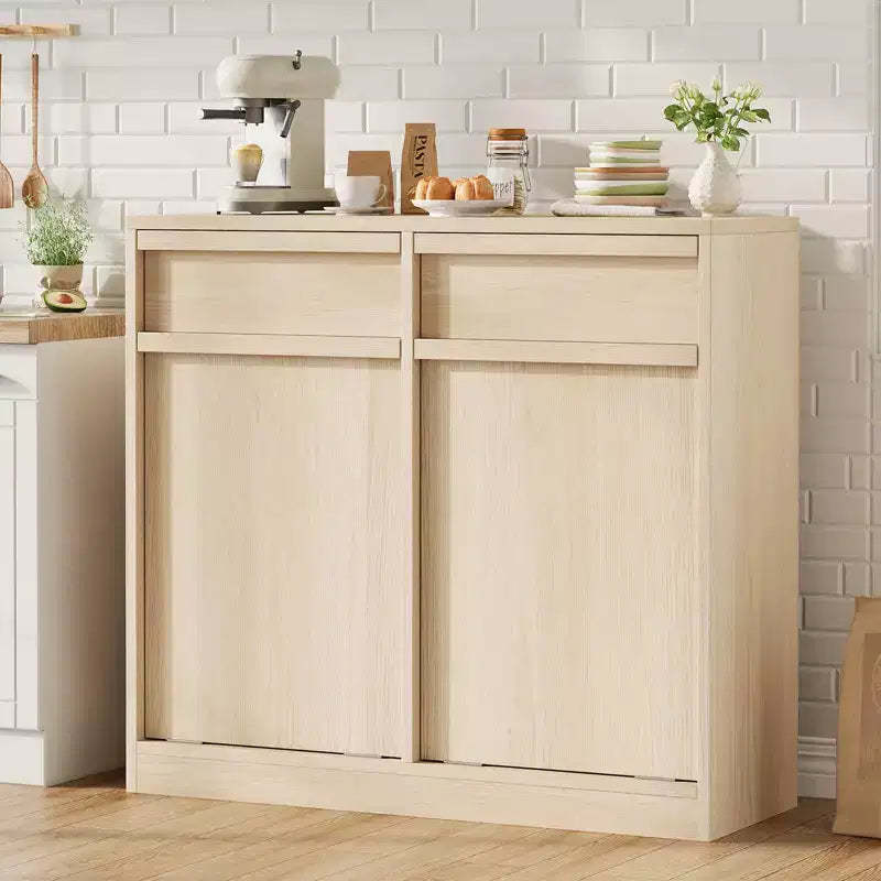 Double Tilt Out Trash Cabinet, Natural Oak Trash Cabinet with 20 Gallon Storage & 2 Drawers, Hidden Garbage Cabinet Laundry Hamper