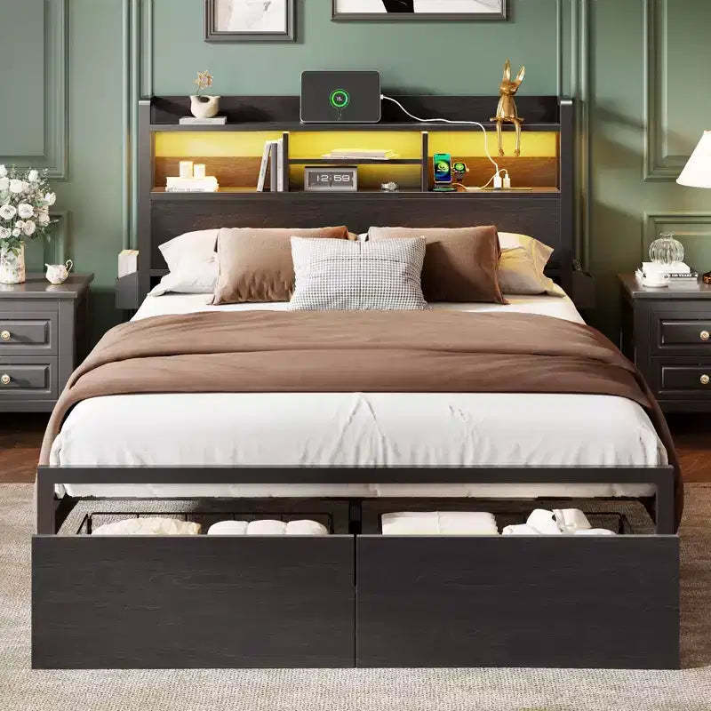 Black Metal Queen Bed Frame With Storage Drawers Wood Headboard Shelf LED Lights Charging Station Heavy Duty Platform No Box Spring Needed Bedroom
