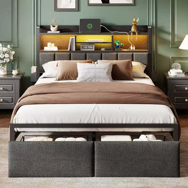 Modern Queen Bed Frame With Charging Station LED Lights Upholstered Storage Headboard Shelf Under Bed Drawers Metal Platform No Box Spring Needed