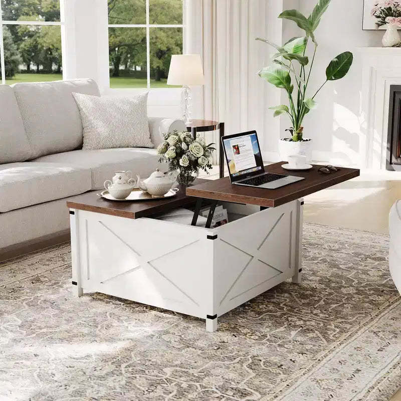 Coffee Table for Living Room with Lift Top and Storage, Square Industrial Design with X-Shaped Decor, Durable and Stylish