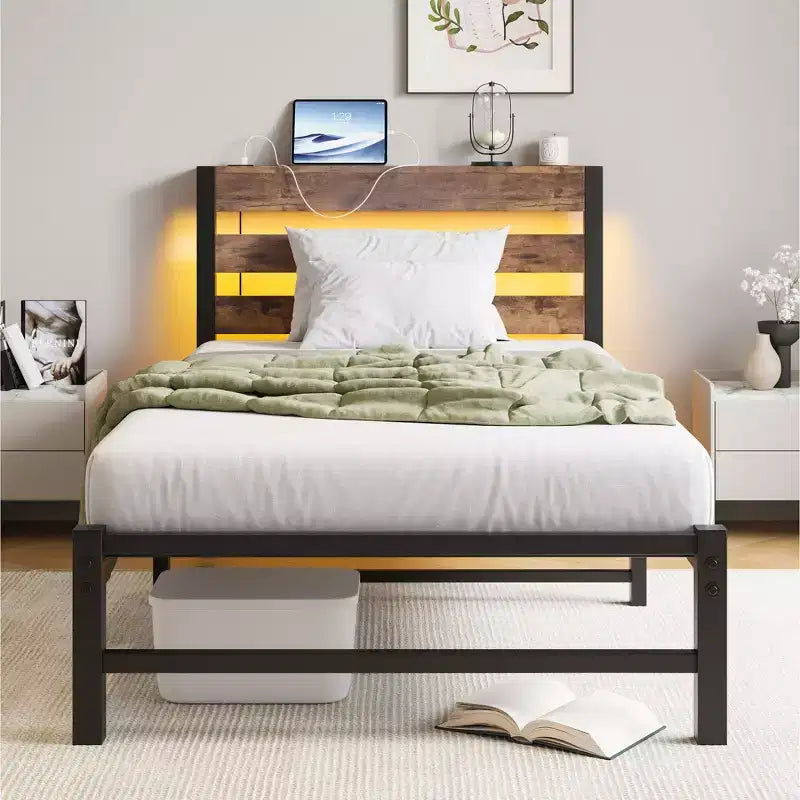 GDFStudio Althea Modern Metal and Wooden Platform Bed Frame with Storage Headboard, RGB Lights and Charging Station