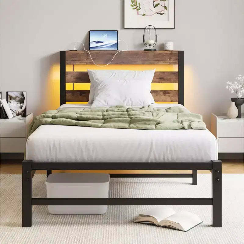 GDFStudio Althea Modern Metal and Wooden Platform Bed Frame with Storage Headboard, RGB Lights and Charging Station