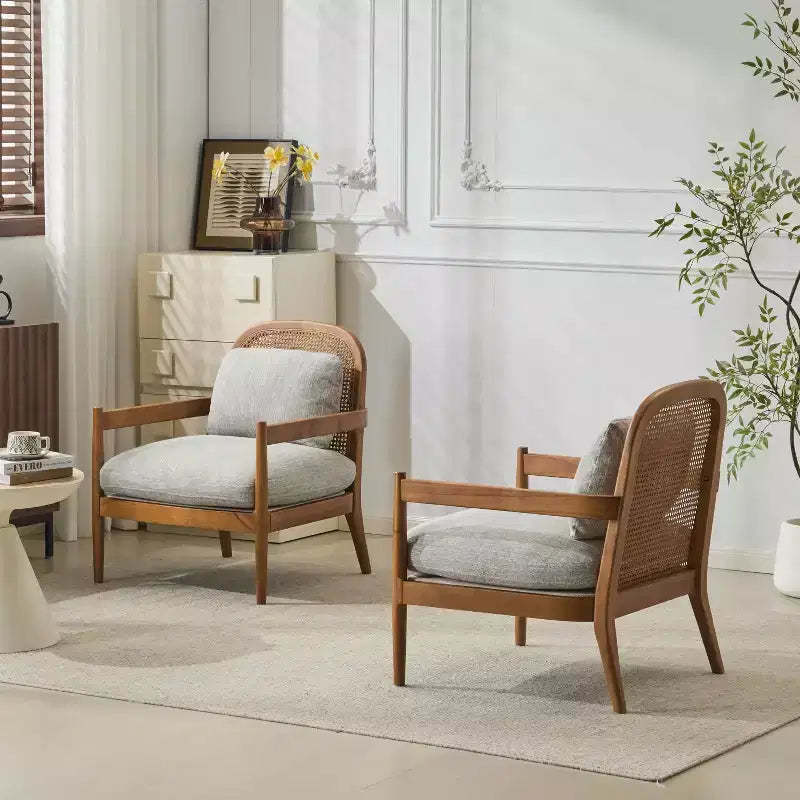 MAYEERTY Set of 2 26.6 Mid-Century Chair, Rattan Backrest Walnut Frame, Living Room Reading Nook, Greyish-Green