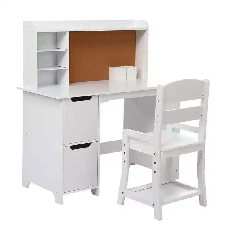 GustoWave Kids Desk and Chair Set with Bookshelf & Cork Board, Wooden Study Table with Storage for Children Ages 3-8, White
