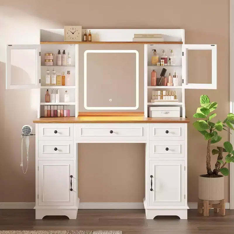 Acekool White Vanity Desk with Mirror, Adjustable Light, Drawers and Charging Ports for Bedroom or Dressing Room