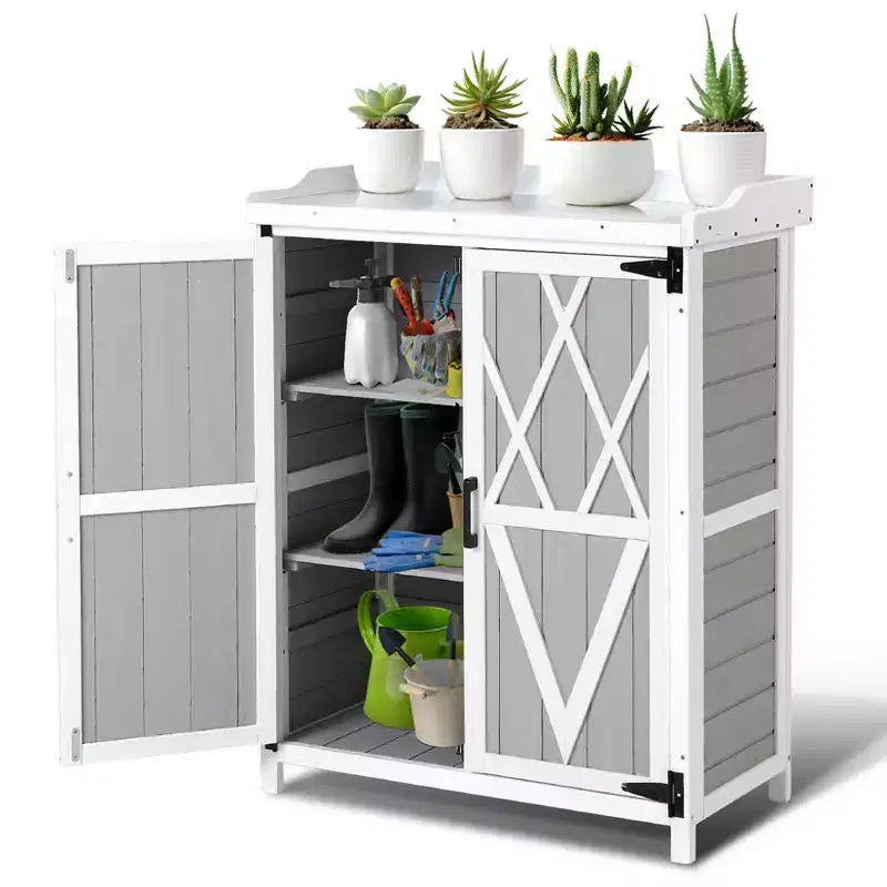 Outdoor Potting Bench with Metal Tabletop - Weatherproof Garden Storage Cabinet with Adjustable Shelf for Patio, Deck & Lawn