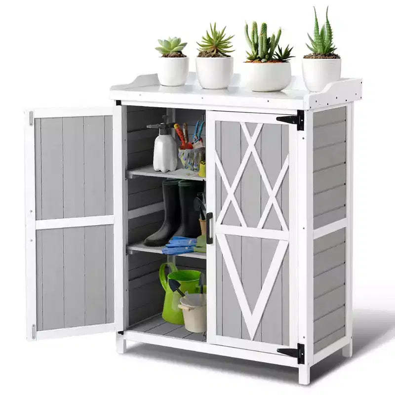 Outdoor Potting Bench with Metal Tabletop - Weatherproof Garden Storage Cabinet with Adjustable Shelf for Patio, Deck & Lawn