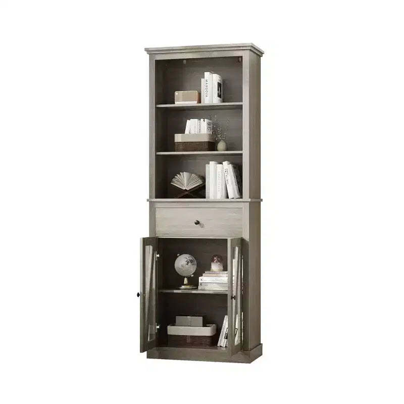 66.5 Farmhouse Pantry Cabinet with Glass Doors - Tall 5-Shelf Storage Organizer with Drawer for Kitchen, Entryway & Living Room (Grey)