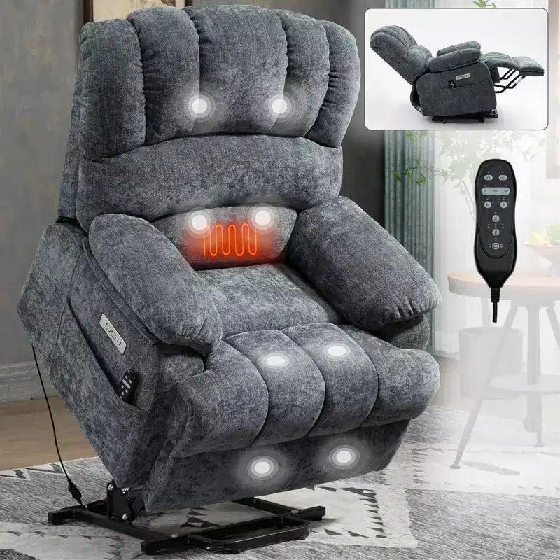 23 Seat Width and High Back Large Size Blue Grey Chenille Power Lift Recliner Chair with 8-Point Vibration Massage and Lumbar Heating