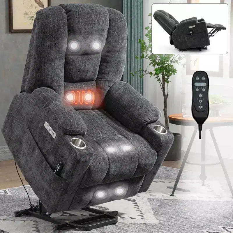 Gray Chenille Large Power Lift Recliner Chair with Massage and Heat 2 Steel Cup Holders for Elderly