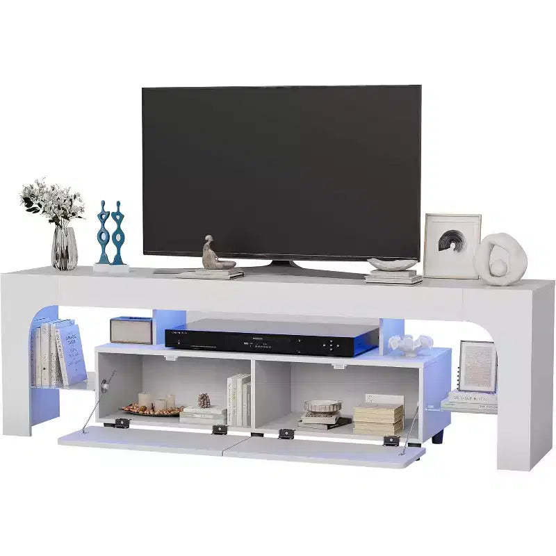 Modern TV Stand for 50-75 Inch TVs, White Finish Entertainment Center with View Window and Large Storage Drawer, Multi-Functional Media Console
