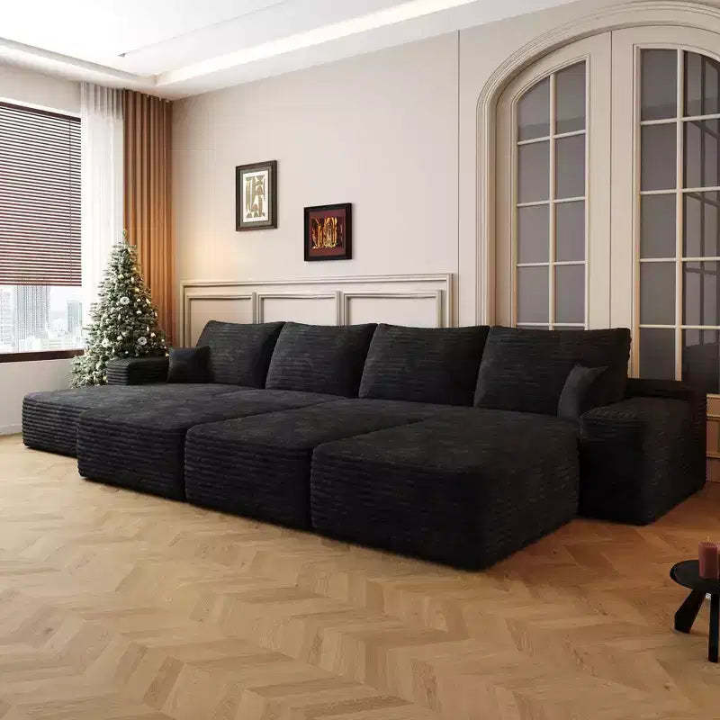 135 Inch Black Modular Cloud Sofa with 3 Ottomans for Apartment Living Room (Plush Corduroy Fabric)
