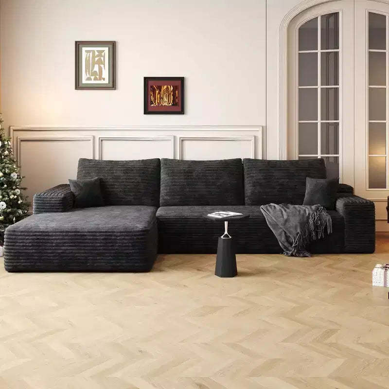 107 Inch Plush Corduroy Fabric Black Cloud Sectional Couch with L-Shape Chaise Modern Modular Sofa with Deep Seat for Living Room Apartment