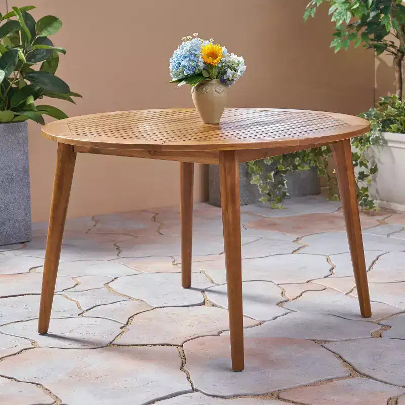 Okak Elegent Round Outdoor Dining Table with Acacia Wood Frame and Tabletop, Minimalism Patio Dining Table, Small Outdoor Table for Yard