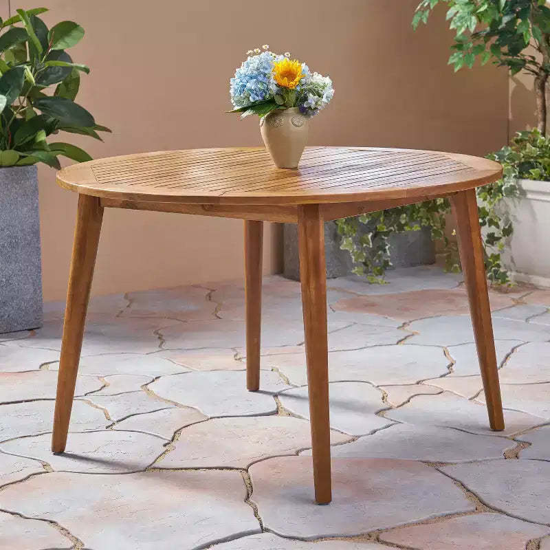 Okak Elegent Round Outdoor Dining Table with Acacia Wood Frame and Tabletop, Minimalism Patio Dining Table, Small Outdoor Table for Yard