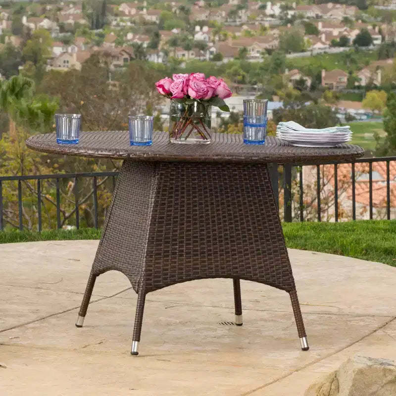 Okak Wicker Outdoor Dining Table with Heavy-Duty Metal Frame, Patio Dining Table with Hole for Umbrella, Outside Table for Garden, Backyard, Brown