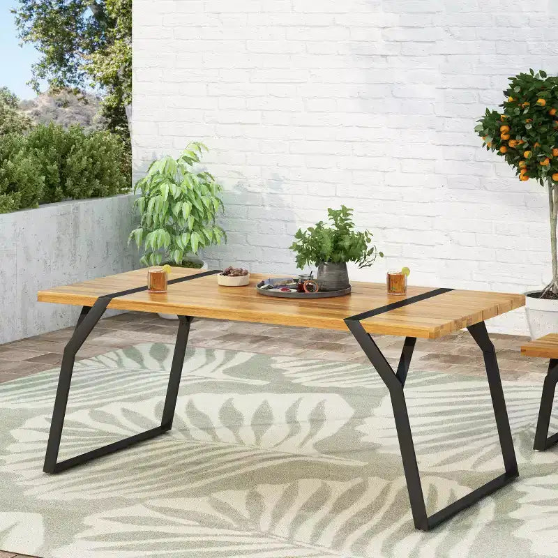 Okak Farmhouse Outdoor Dining Table with Stylish Metal Legs, Patio Dining Table with Wooden Tabletop, Outdoor Table for Backyard, Garden, Brown