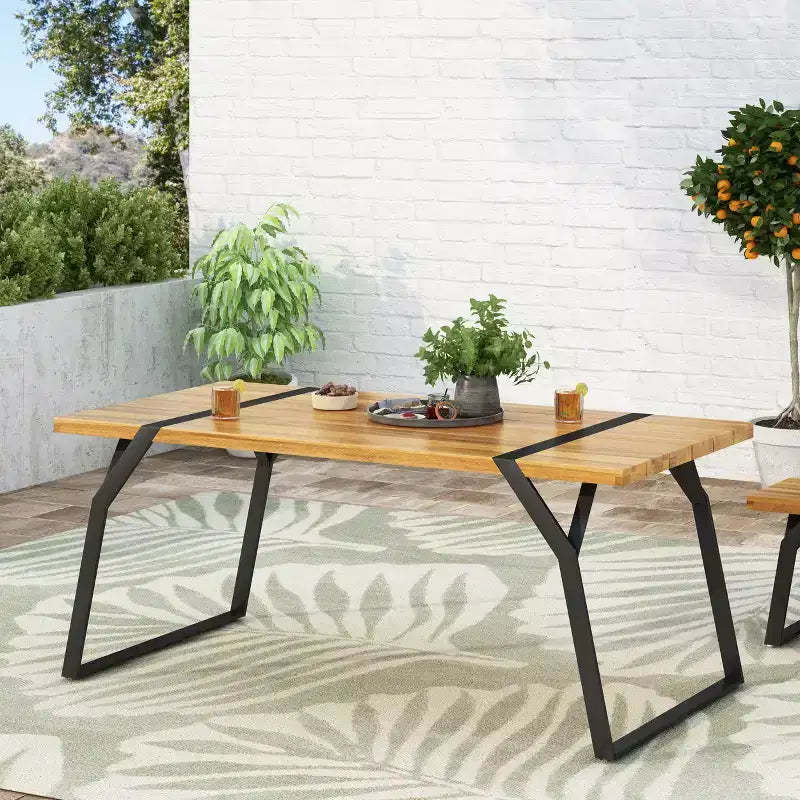 Okak Farmhouse Outdoor Dining Table with Stylish Metal Legs, Patio Dining Table with Wooden Tabletop, Outdoor Table for Backyard, Garden, Brown