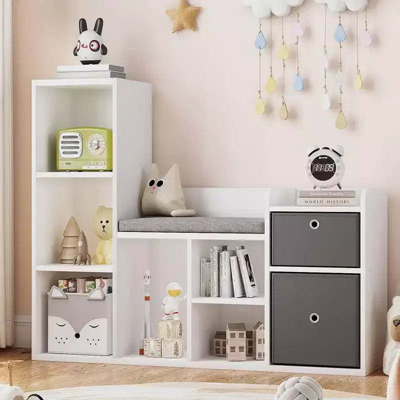 GustoWave Kids Bookshelf 44.1in Width Toy Storage Organize White Bookcase Seat Cushion Wooden 6-Cubby Storage Bench 2 Drawers Toddler Cabinet Shelf