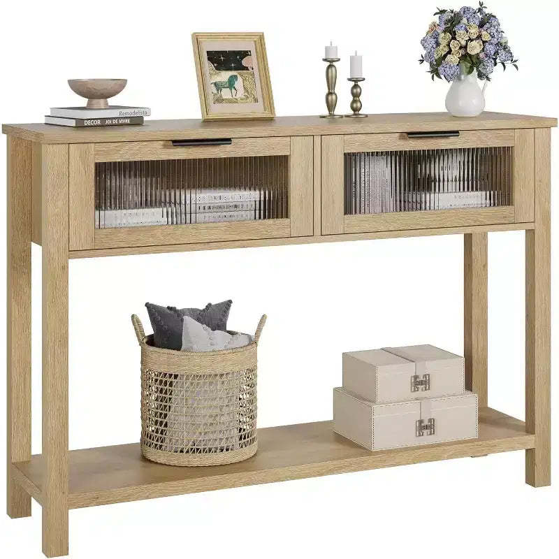 Narrow 2-Tier Console Table with 2 Glass Drawers, Modern Sofa & Entryway Table for Living Room, Hallway Natural