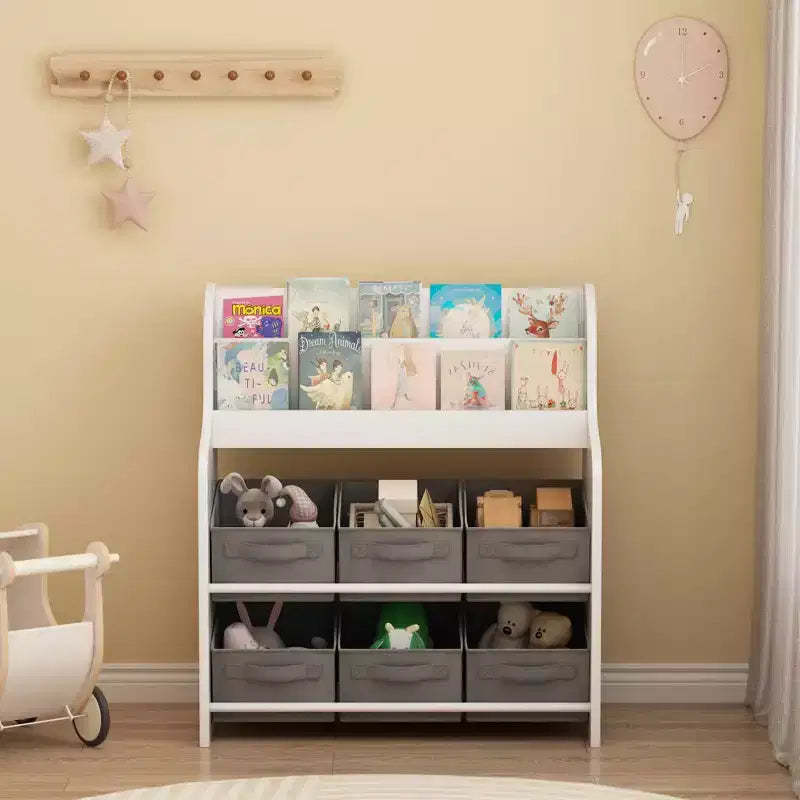 MAYEERTY Bookshelf with 6 Fabric Storage Bins, Multifunctional Children's Bookcase and Toy Organzier White