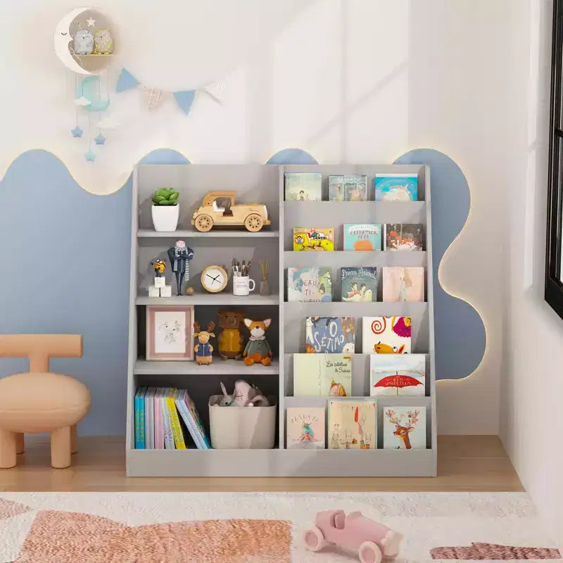 MAYEERTY Bookshelf and Toy Storage Organizer, 4 Tier Wooden Book Shelf with Bookcase Display Stand in Kids Room Playroom Gray