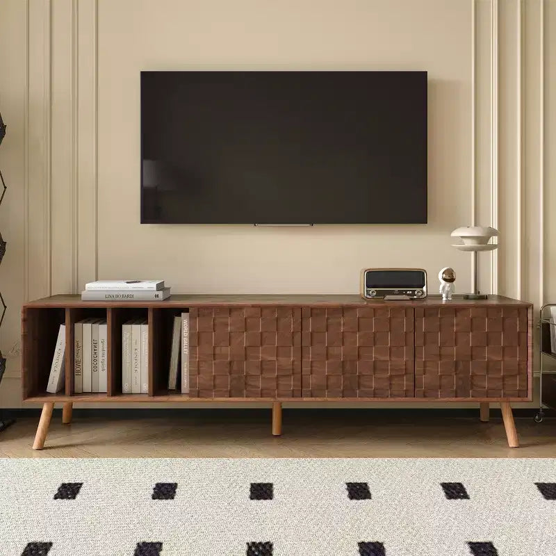 70W Mid-Century Modern TV Stand, Media Console Table for TVs up to 80'', Entertainment Center with 5 Solid Wood Legs, Walnut - ModernLuxe