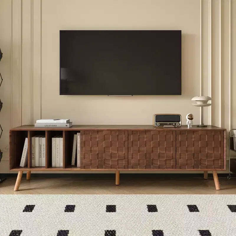 70W Mid-Century Modern TV Stand, Media Console Table for TVs up to 80'', Entertainment Center with 5 Solid Wood Legs, Walnut - ModernLuxe