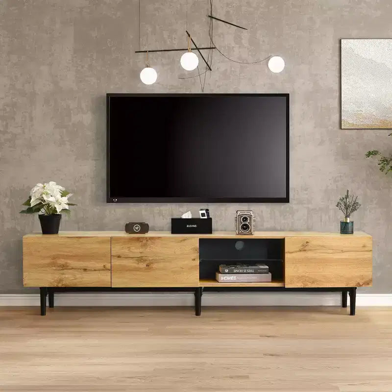 Clihome Modern TV Stand with 4 Cabinets& Open Shelves, Color-matching Media Console Table for TVs up to 80 with LED Light