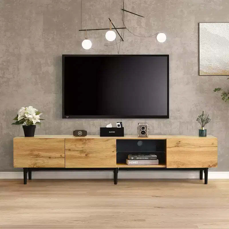 Clihome Modern TV Stand with 4 Cabinets& Open Shelves, Color-matching Media Console Table for TVs up to 80 with LED Light