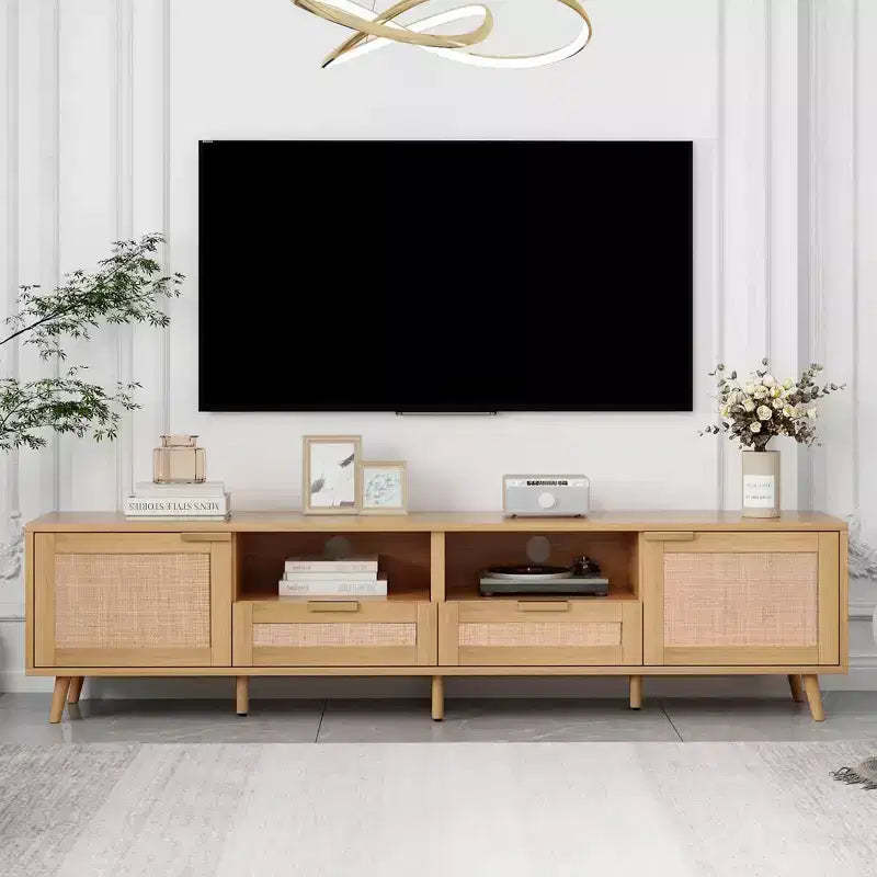 Clihome Rattan TV Stand for TVs up to 85'', Modern Farmhouse Media Console, Entertainment Center with Solid Wood Legs, TV Cabinet for Living Room