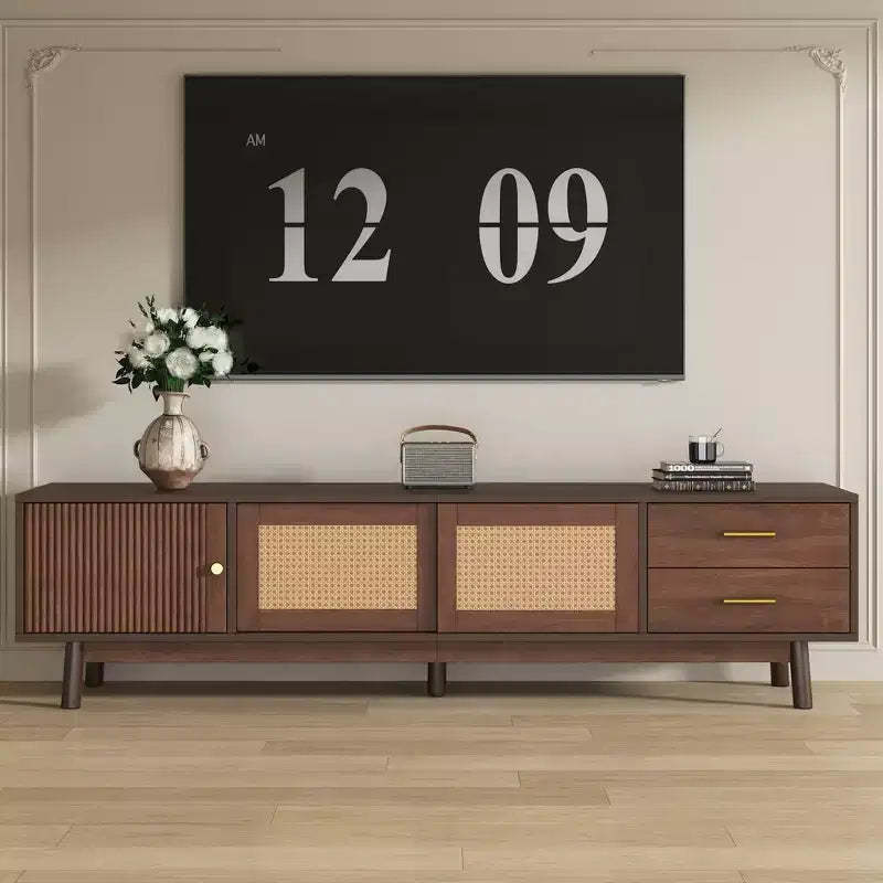 Clihome Mid Century Modern TV Stand for 80 TVs, Entertainment Center with Sliding Doors and Drawers, TV Table with Storage for Living Room
