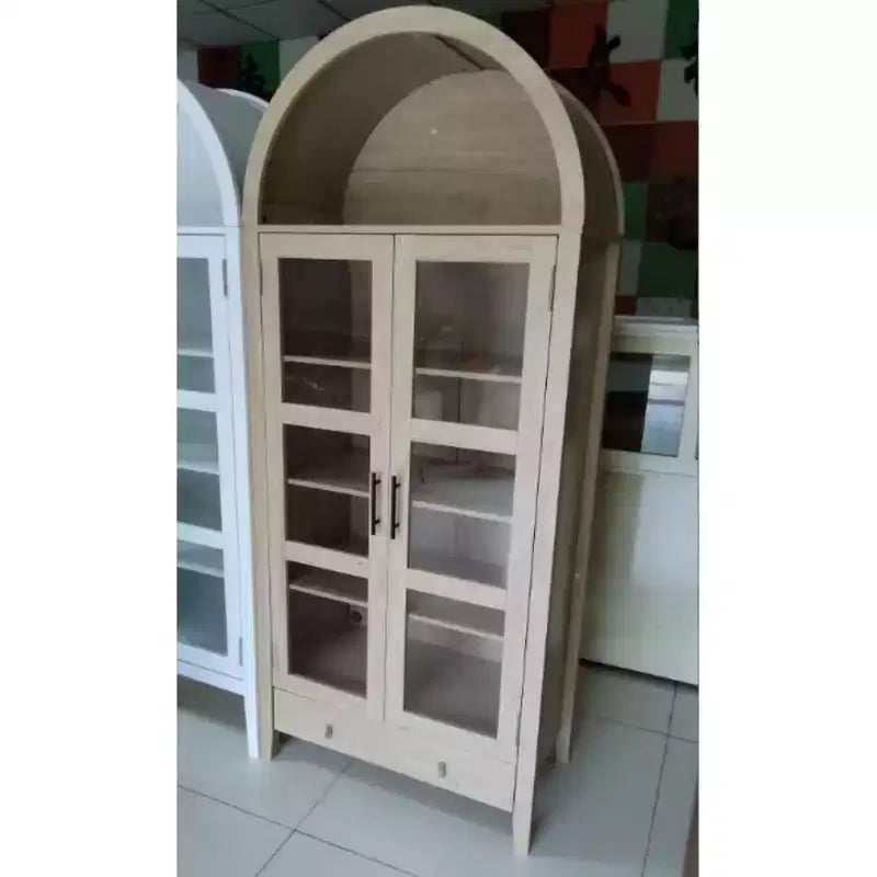 MDF Arch Cabinet with LED Light & Drawers - Natural Wood Finish