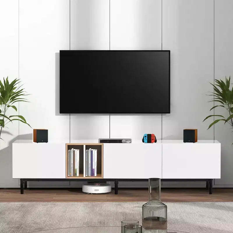JVNOXK 77inch Modern TV Stand, suitable for 80-inch TVs, featuring 3 cabinet doors, media console desk with ample storage, ideal for living rooms