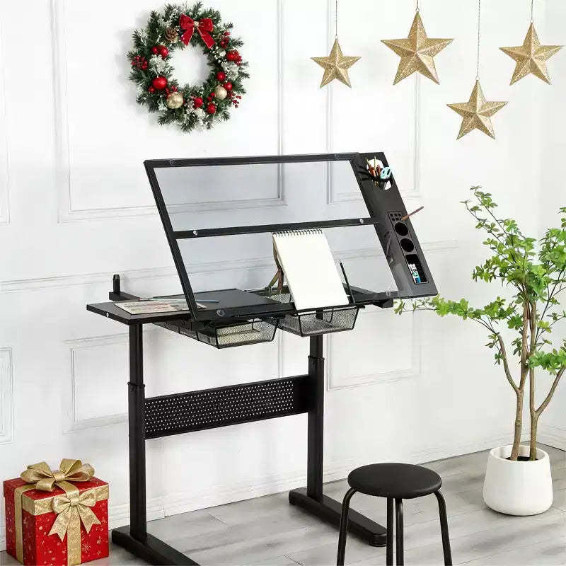 JVNOXK Hand-Crank Adjustable Drafting Table (with 2 Metal Drawers, Black) Includes Stool