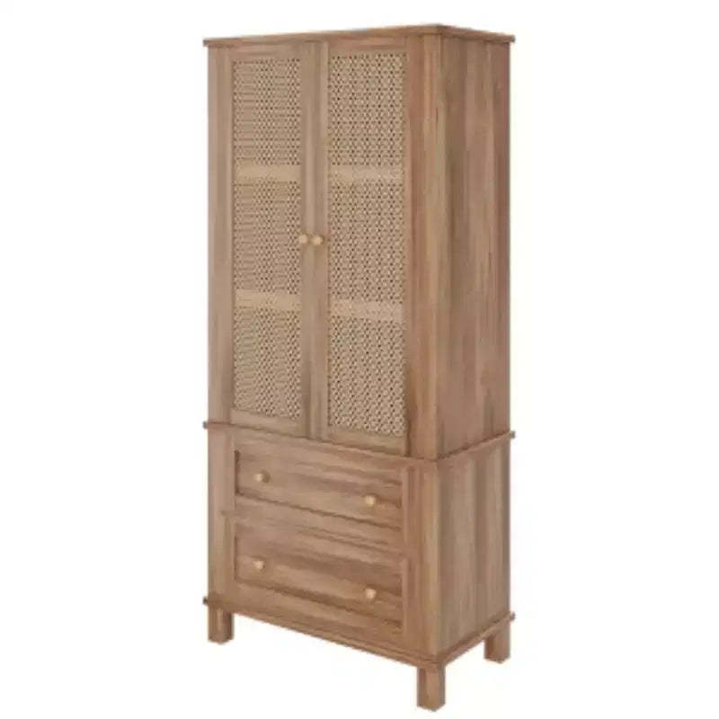 Particleboard Rattan-Woven Food Storage Cabinet - Light Walnut Finish
