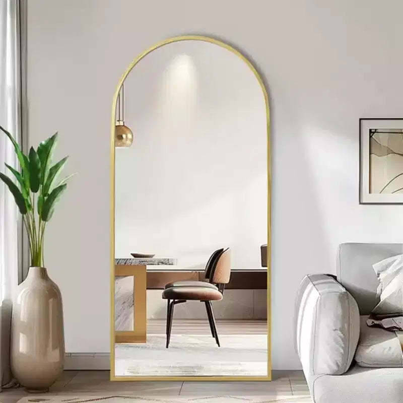 MAYEERTY Gold 33.86 x 77.17 Inch Arch Shaped Thin Edged Aluminum Alloy Full Length Mirror with Stand for Living Room and Bedroom Wall Decor