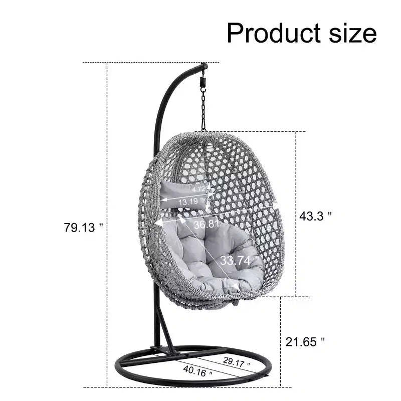 Swinging Chair Hammock Egg Chair Patio Wicker Swing Egg Hanging Chair With Stand, 350lbs Maximum Weight Capacity, Ash