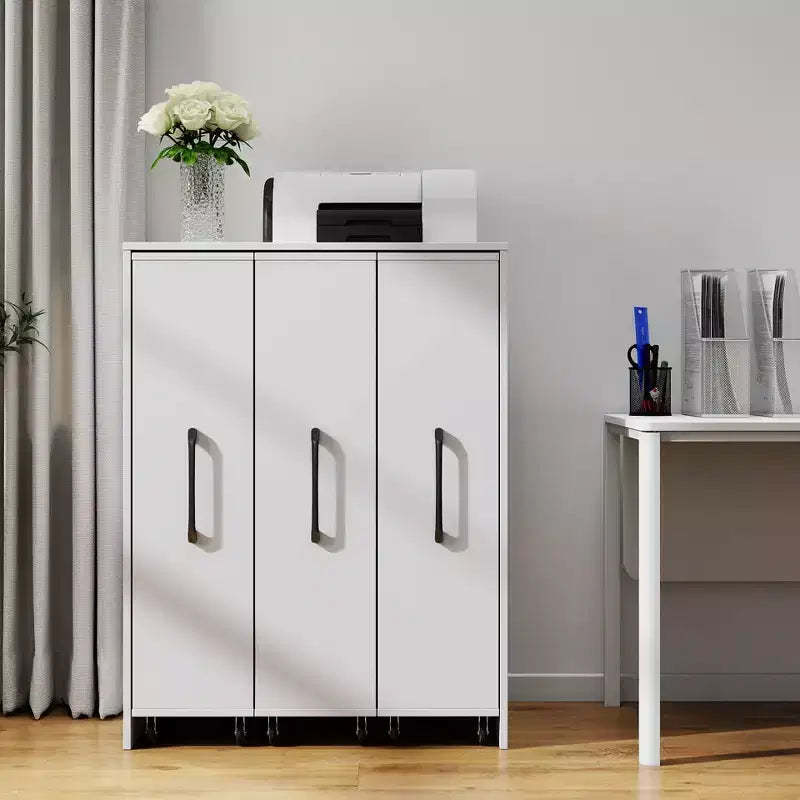 JVNOXK 3-door sliding bookcase, 3 Tier Floor Standing Bookcase,pull-out storage with casters for office or bedroom, hidden design-white