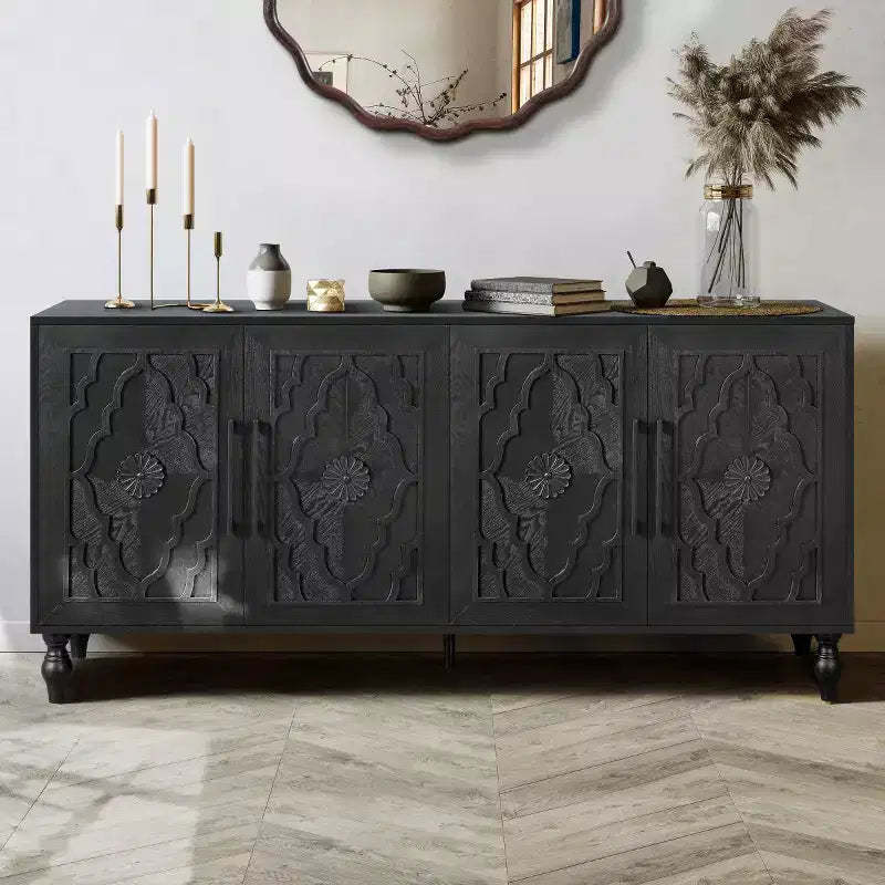 Sideboard Buffet, Wood Floor Cabinet With Carved Flower Door, Metal Handle, Freestanding Sideboard