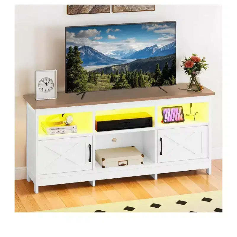 Farmhouse TV Stand for 65 Inch TVs, LED Entertainment Center with Cabinets, Power Outlet, Media Console for Living Room,White & Walnut