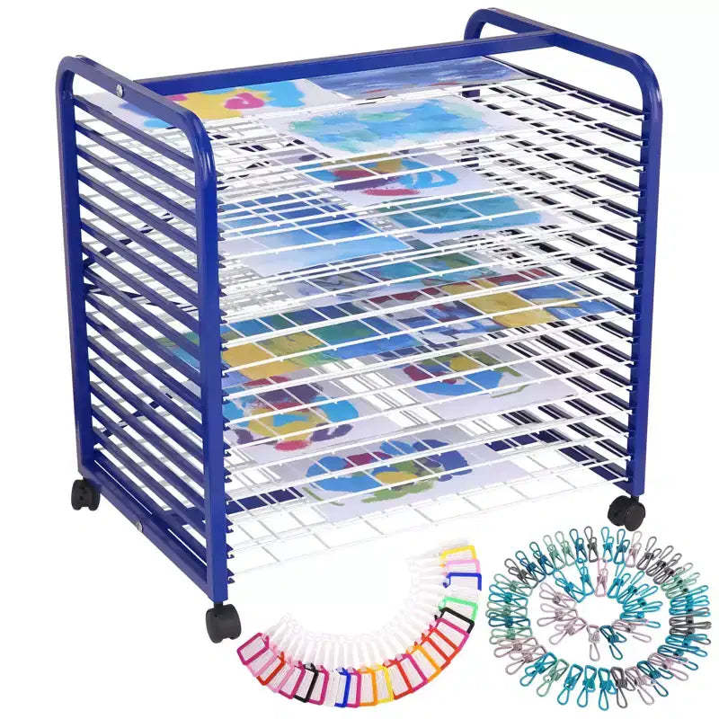 Mobile Art Drying Rack for Hanging Paintings, Suitable for Classrooms and Art Studios, Practical Heavy-Duty Storage Rack Equipped with Multiple Trays