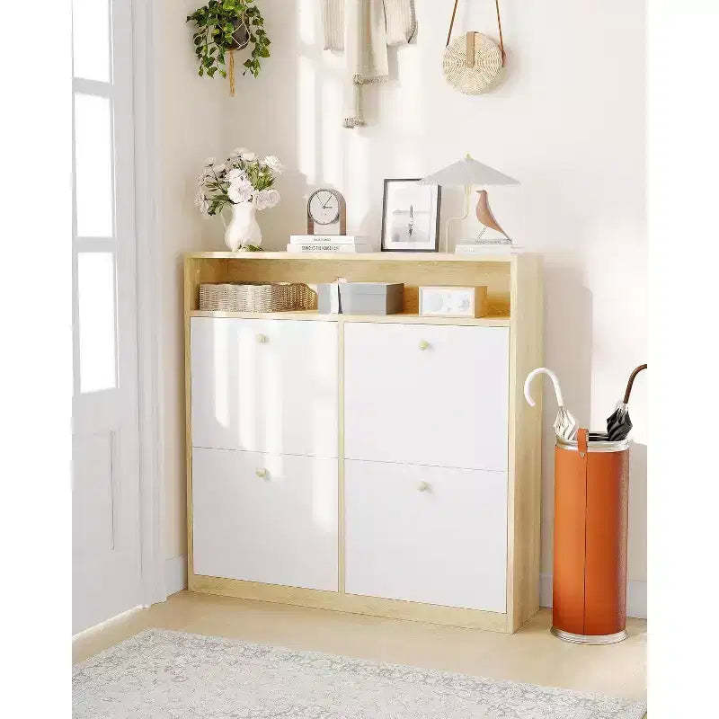 Modern Shoe Storage Cabinet with 4 Flip Drawers, Space-Saving Shoe Organizer with Wooden Handles for Entryway, Hallway or Bedroom